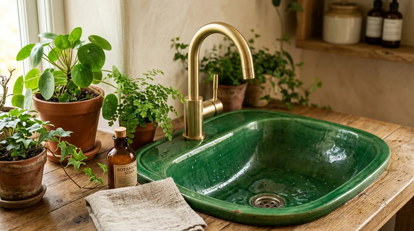 Use leafy tile as the main focal point inspiration for a green bathroom.